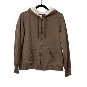 Faded Glory Brown Sherpa Lined Full Zip Sweatshirt Jacket L Hooded Comfy Soft